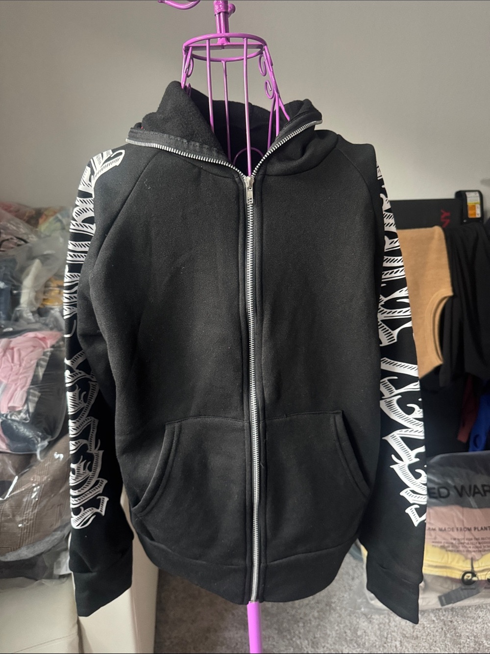 Womens Black Zip-Up Puffer Jacket with White Graphic Sleeves